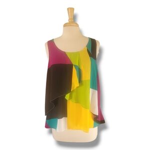Worthington Abstract Retro Color Block Floaty Sleeveless Top. Size Medium